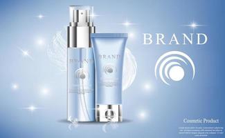 kosmetischer Hautpflegeproduktvektor, Kosmetikproduktvektor mit Flasche und blauem Hintergrund vektor