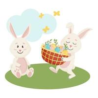 kaniner karaktär. sitter på gräs och skrattar roliga, glada påsk tecknade kaniner med ägg, korg, moln vektor