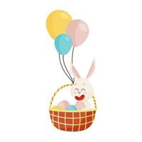 skrattande kanin sitter i korg med ägg och ballonger vektor