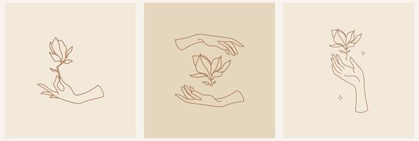 kvinnors symboler för trendig hudvårdskosmetik. kvinnlig hand med magnolia blomma, mall logotyp vektorillustration i linjekonst stil. vektor