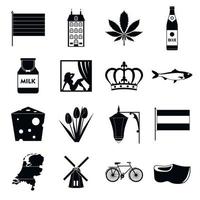 Nederländerna ikoner set, svart enkel stil vektor