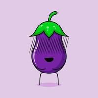 söt auberginekaraktär med generat uttryck. grönt och lila. lämplig för uttryckssymbol, logotyp, maskot och ikon vektor
