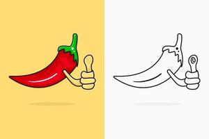 röd chili och hand tummen upp illustration. maskot, färg, lineart, kombination, enkel och unik logotyp. lämplig för logotyp, ikon, symbol vektor