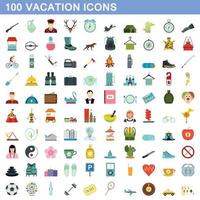 100 Urlaubssymbole gesetzt, flacher Stil vektor