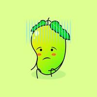 söt mango karaktär med hopplöst uttryck och sätt dig ner. grönt och orange. lämplig för uttryckssymbol, logotyp, maskot och ikon vektor