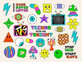 psychedelisches Trippy Acid Rave großes Set. trendige abstrakte charaktere und objekte im cartoon-stil. 60er, 70er, Hippie-Elemente vektor