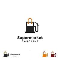 supermarkt-benzin-logo, zapfsäule kombinieren mit einkaufstaschen-logo-symbol vektor