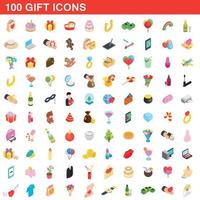 100 gåva ikoner set, isometrisk 3d-stil vektor
