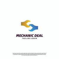 Mechaniker-Deal-Logo-Design auf isoliertem Hintergrund, Schraubenschlüssel-Form-Handshake-Logo-Konzept vektor