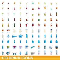 100 drink ikoner set, tecknad stil vektor