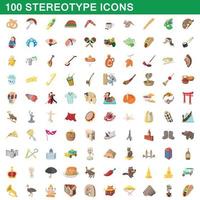 100 stereotypa ikoner set, tecknad stil vektor