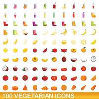 100 vegetariska ikoner set, tecknad stil vektor