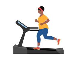 dicke Frau, die auf dem Laufband läuft, um Gewicht zu verlieren. Übergewichtiges Mädchen, das auf Fitnessgeräten joggt. Afroamerikanische Frauenausbildung. flache vektorillustration vektor