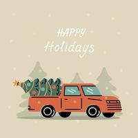 frohe weihnachten postkartenvorlage mit retro-pickup mit weihnachtsbaum. vektor