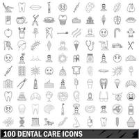 100 Zahnpflege-Icons gesetzt, Umrissstil vektor