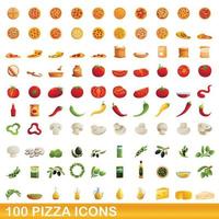 100 pizza ikoner set, tecknad stil vektor