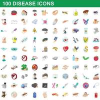100 sjukdom ikoner set, tecknad stil vektor