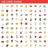 100 café ikoner set, isometrisk 3d-stil vektor