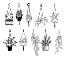 handgezeichnete hängende Zimmerpflanzen. schwarze Silhouetten verschiedener Pflanzen in Töpfen. Vektor-Illustration isoliert auf weißem Hintergrund vektor