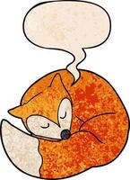 tecknad sovande räv och pratbubbla i retro textur stil vektor