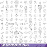 100 tillbehör ikoner set, kontur stil vektor