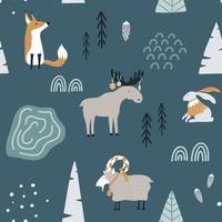 handritad sömlösa mönster med räv, get, älg och kanin i skogen. skandinavisk juldesign. bra för tyg, textil. vektor tapet.