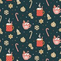 süßes handgezeichnetes nahtloses muster mit kakao, marshmallow und weihnachtsplätzchen. Vektordesign-Vorlage für Packpapier, Stoff, Tapeten usw.
