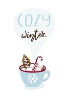 süße grußkarte mit tasse heißer schokolade und beschriftung gemütlichem winter. Vektor-Illustration. vektor
