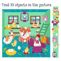 Finde 10 versteckte Objekte. Lernspiel für Kinder. lustige familie von hahn und henne mit fuchs im hühnerstall. Vektorfarbabbildung. vektor