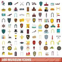 100 Museumssymbole gesetzt, flacher Stil vektor