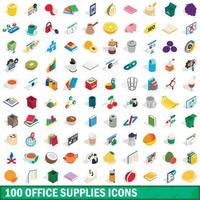 100 Symbole für Bürobedarf, isometrischer 3D-Stil vektor