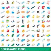 100 seawind ikoner set, isometrisk 3d-stil vektor