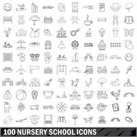 100 Kindergarten-Icons gesetzt, Umrissstil vektor