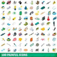 100 schmerzhafte Symbole gesetzt, isometrischer 3D-Stil