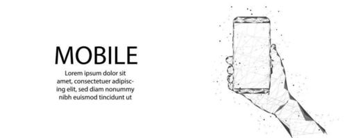 mobiltelefon abstrakt polygon wireframe mobiltelefon närbild med vit tom skärm i mänskligt handslag vektor