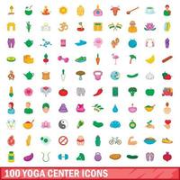 100 yoga center ikoner set, tecknad stil vektor