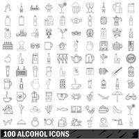 100 alkohol ikoner set, kontur stil vektor