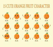 Satz von 15 süßen Orangenfruchtfiguren mit verschiedenen Ausdrücken vektor