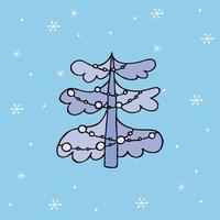 en handritad julgran. färgad vektorillustration i doodle stil. vinterstämning. hej 2023. god jul och gott nytt år. blått träd med leksaker på en bakgrund med snöflingor. vektor