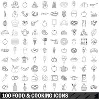 100 mat och matlagning ikoner set, kontur stil vektor