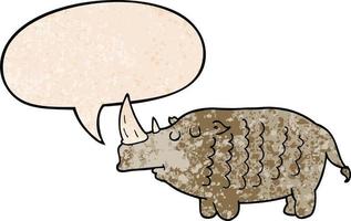tecknad noshörning och pratbubbla i retro textur stil vektor