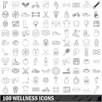 100 wellness ikoner set, kontur stil vektor