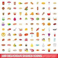 100 köstliche Gerichte Icons Set, Cartoon-Stil vektor