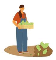 kvinna bonde i overall håller låda med sallad. vektor illustration.
