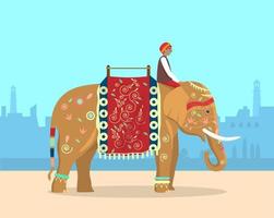 vektorillustration av indisk elefant med massor av dekoration med ryttare och stadssiluett i bakgrunden. vektor
