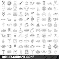 100 restaurangikoner set, konturstil vektor