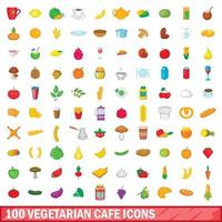 100 vegetarische Café-Symbole im Cartoon-Stil vektor