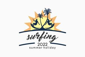 surfa logotyp, utomhus sommar logotyp med siluett koncept av surfande person och kokospalmer i solen ikon vektor