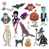 Vektor-Halloween-Set. Halloween-Charaktere wie Vampir Dracula, alte Hexe, Kürbis-Kürbislaterne, Werwolf, Elvira Herrin der Dunkelheit, Mumie, Frankenstein, schwarze Katze, Fledermaus, Spinne. vektor