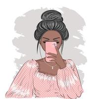 fashionabla brunett tar selfies med smartphone, mode, stil, tryck för textilier, förpackningar, kort, vektorillustration. vektor